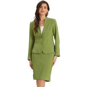 2pcs Business Sets for Collarless Blazer Pencil Skirt Suit Olive Green